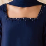 Royal blue embroidered raw silk shirt with farshi shalwar and chiffon dupatta for women.