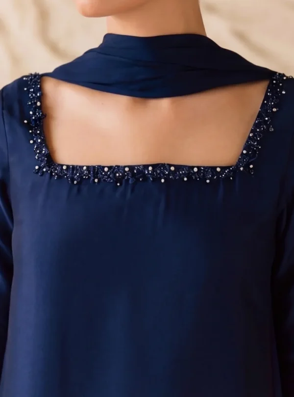 Royal blue embroidered raw silk shirt with farshi shalwar and chiffon dupatta for women.