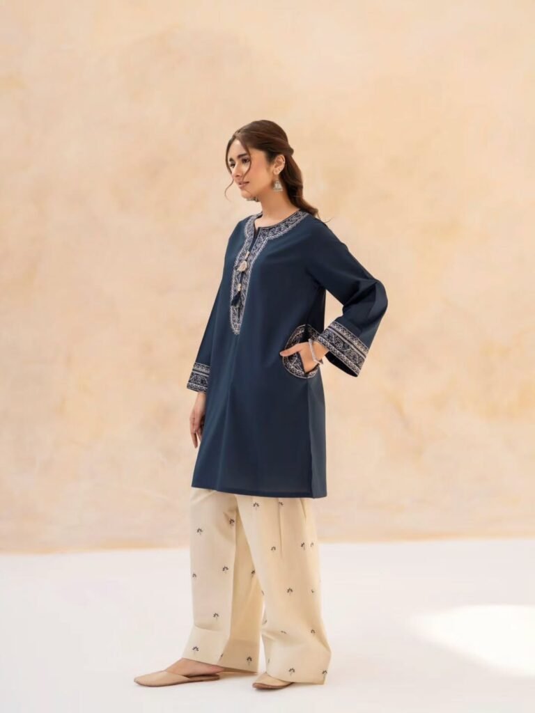 Maira 2Pc Formal Dress Navy Blue Cotton Suit Front View