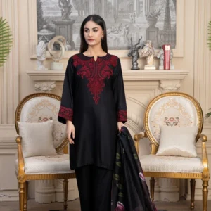 Women's black linen kurta with red floral chest embroidery and printed chiffon dupatta – Taaj 3PC.