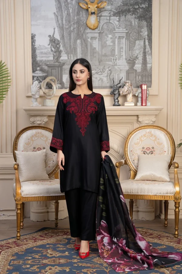 Women's black linen kurta with red floral chest embroidery and printed chiffon dupatta – Taaj 3PC.