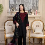 Women's black linen kurta with red floral chest embroidery and printed chiffon dupatta – Taaj 3PC.