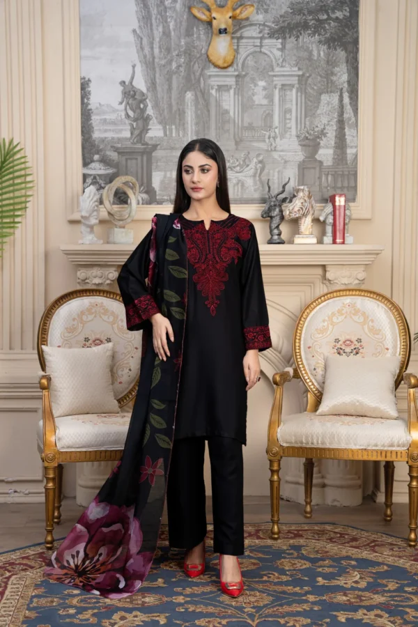 Women's black linen kurta with red floral chest embroidery and printed chiffon dupatta – Taaj 3PC.