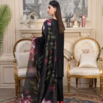 Women's black linen kurta with red floral chest embroidery and printed chiffon dupatta – Taaj 3PC.