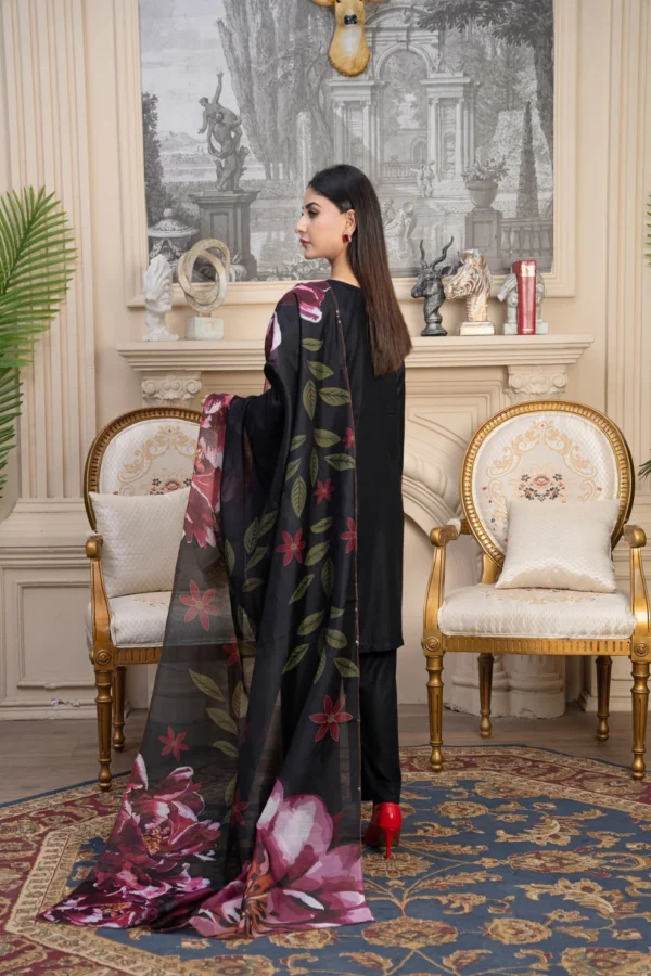 Women's black linen kurta with red floral chest embroidery and printed chiffon dupatta – Taaj 3PC.