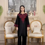 Women's black linen kurta with red floral chest embroidery and printed chiffon dupatta – Taaj 3PC.