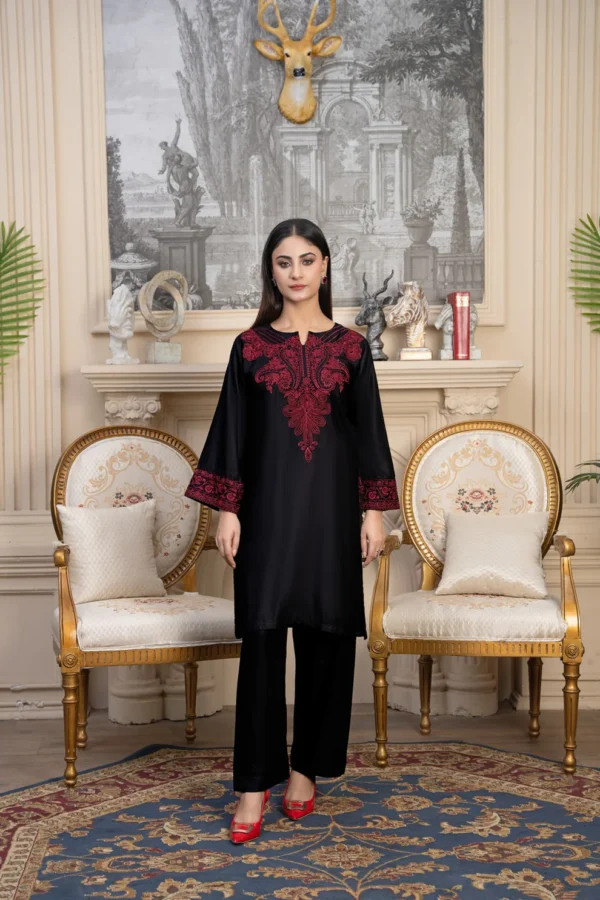 Women's black linen kurta with red floral chest embroidery and printed chiffon dupatta – Taaj 3PC.