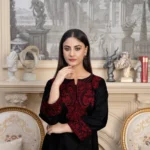 Women's black linen kurta with red floral chest embroidery and printed chiffon dupatta – Taaj 3PC.