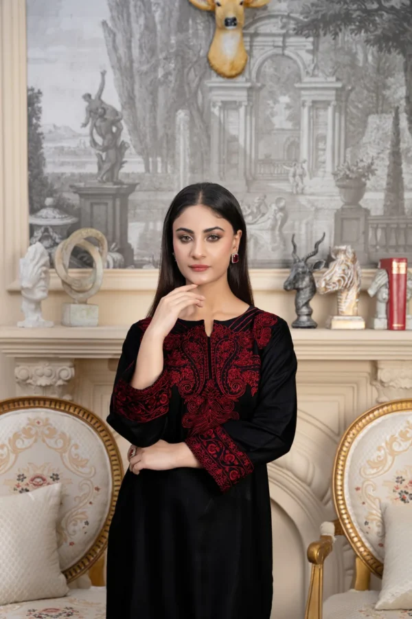Women's black linen kurta with red floral chest embroidery and printed chiffon dupatta – Taaj 3PC.
