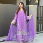 Women wearing a lavender purple embroidered chiffon 3-piece suit with a long straight shirt and matching dupatta from Lubaba Luxury.