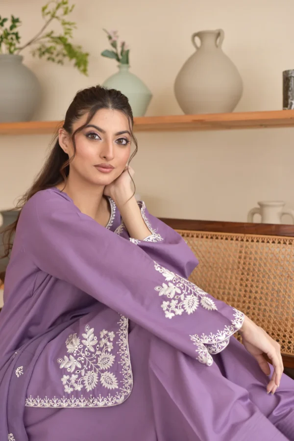 Zoha 3pc Lavender Embroidered Lawn Suit Back View
