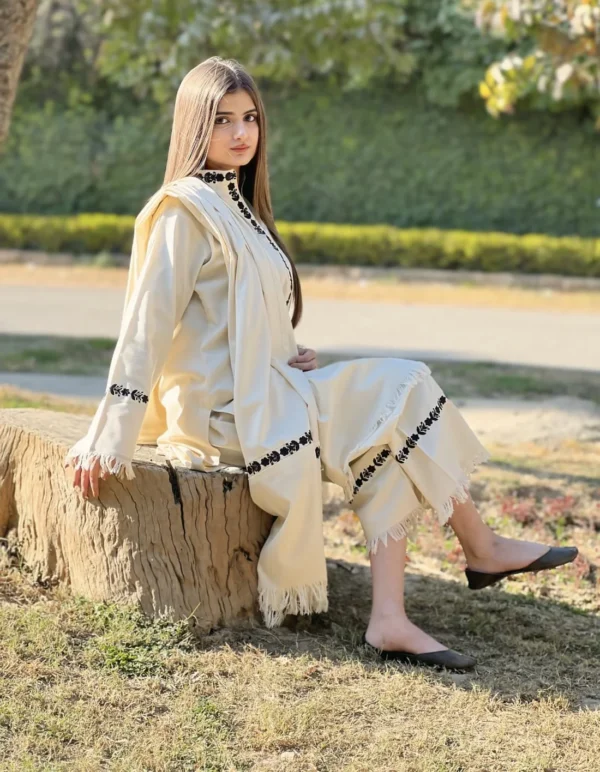 Aive 3PC White Viscose Embroidered Suit Back View