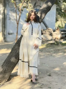 Aive 3PC White Viscose Embroidered Suit Front View
