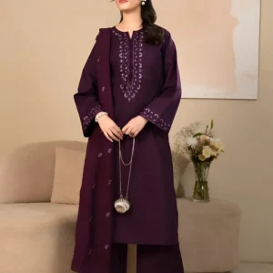 Huraima 3-Piece Deep Purple Embroidered Cotton Suit for Women - Lubaba Luxury