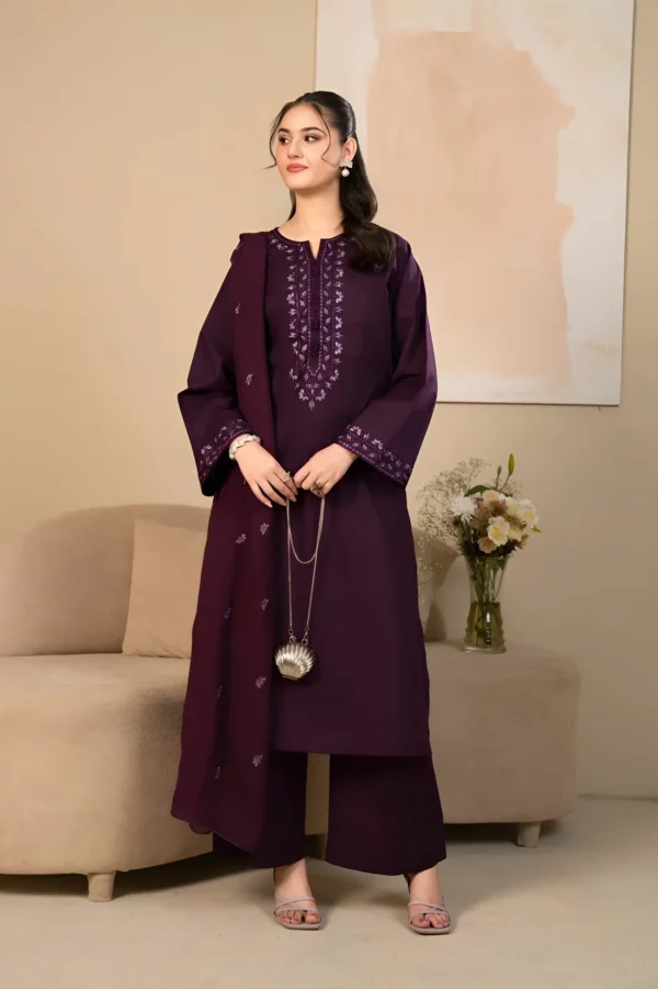 Huraima 3-Piece Deep Purple Embroidered Cotton Suit for Women - Lubaba Luxury