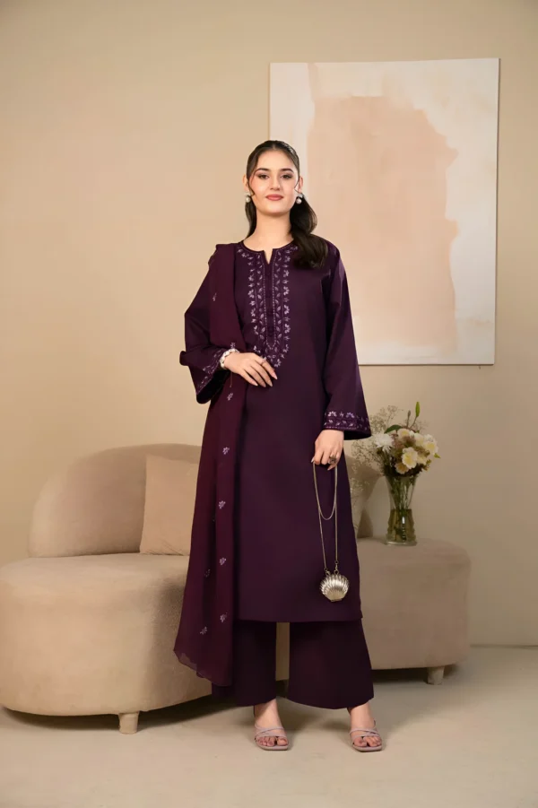Huraima 3-Piece Deep Purple Embroidered Cotton Suit for Women - Lubaba Luxury