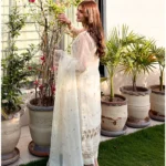 White 3-piece organza suit with intricate embroidery and a matching net dupatta by Lubaba Luxury.