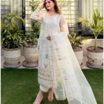 White 3-piece organza suit with intricate embroidery and a matching net dupatta by Lubaba Luxury.