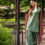 Sage Green Embroidered Farshi Shalwar Kameez with Maroon Chiffon Dupatta - Lubaba Luxury