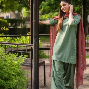 Sage Green Embroidered Farshi Shalwar Kameez with Maroon Chiffon Dupatta - Lubaba Luxury