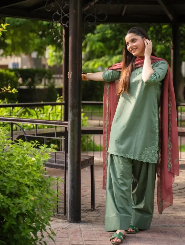 Sage Green Embroidered Farshi Shalwar Kameez with Maroon Chiffon Dupatta - Lubaba Luxury