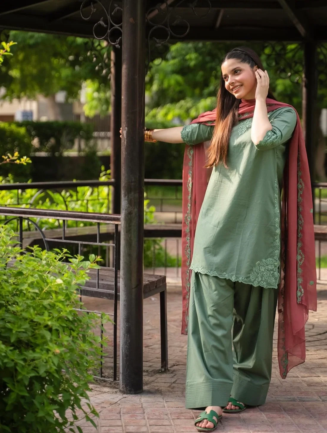 Sage Green Embroidered Farshi Shalwar Kameez with Maroon Chiffon Dupatta - Lubaba Luxury