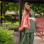 Sage Green Embroidered Farshi Shalwar Kameez with Maroon Chiffon Dupatta - Lubaba Luxury