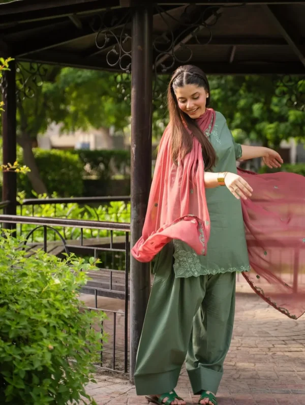 Sage Green Embroidered Farshi Shalwar Kameez with Maroon Chiffon Dupatta - Lubaba Luxury