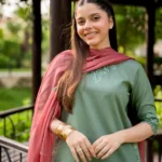 Sage Green Embroidered Farshi Shalwar Kameez with Maroon Chiffon Dupatta - Lubaba Luxury