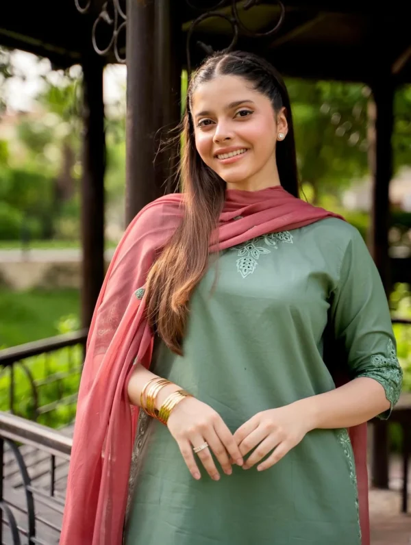 Sage Green Embroidered Farshi Shalwar Kameez with Maroon Chiffon Dupatta - Lubaba Luxury