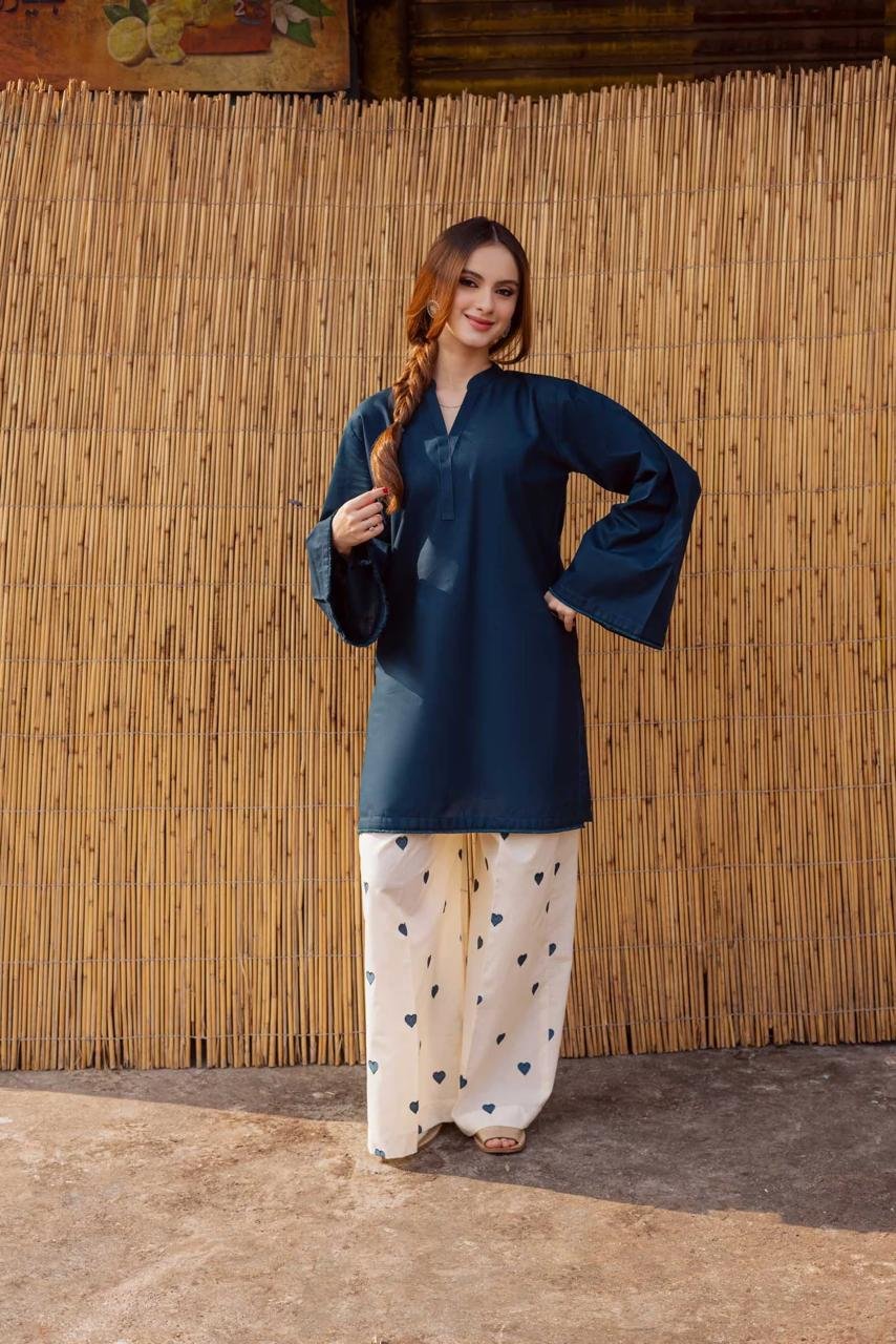 Hearts 2PC Embroidered Lawn Set - blue
