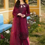 Deep magenta 3 piece unstitched embroidered lawn suit with Khadi net dupatta lubaba luxury.