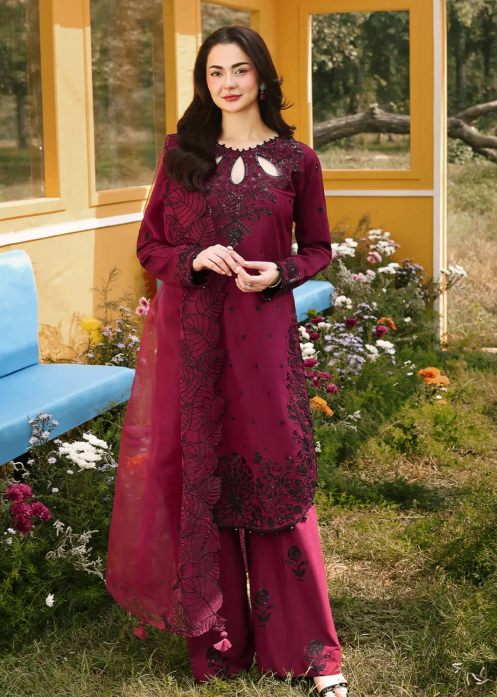 Deep magenta 3 piece unstitched embroidered lawn suit with Khadi net dupatta lubaba luxury.
