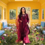 Deep magenta 3 piece unstitched embroidered lawn suit with Khadi net dupatta lubaba luxury.
