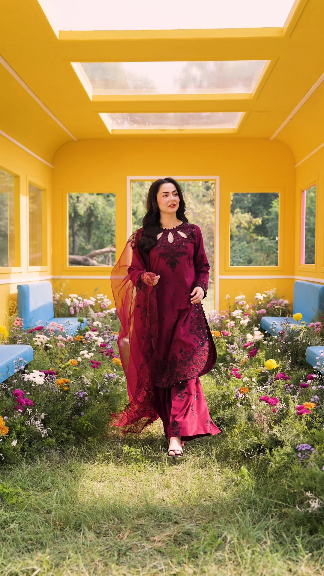 Deep magenta 3 piece unstitched embroidered lawn suit with Khadi net dupatta lubaba luxury.