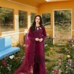 Deep magenta 3 piece unstitched embroidered lawn suit with Khadi net dupatta lubaba luxury.
