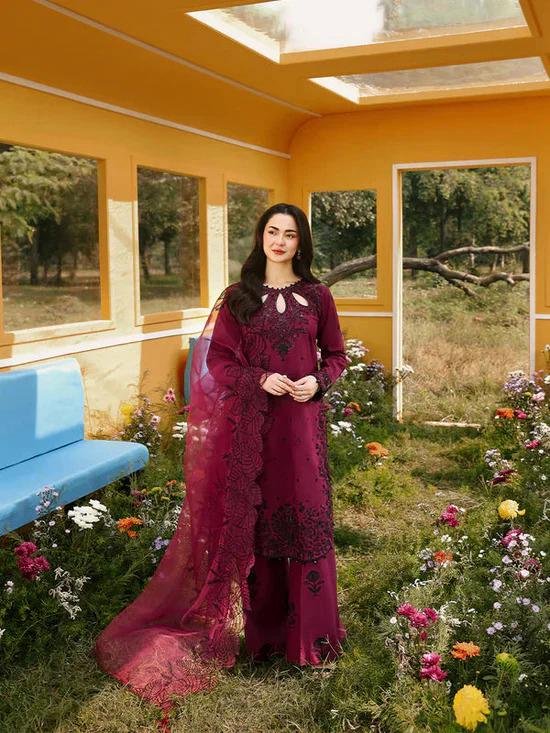 Deep magenta 3 piece unstitched embroidered lawn suit with Khadi net dupatta lubaba luxury.