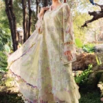 Maria B M Prints unstitched 3 piece summer lawn suit in floral yellow with embroidered front and chiffon dupatta.