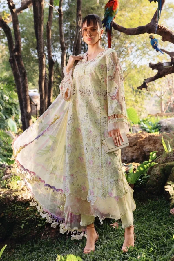 Maria B M Prints unstitched 3 piece summer lawn suit in floral yellow with embroidered front and chiffon dupatta.