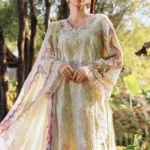Maria B M Prints unstitched 3 piece summer lawn suit in floral yellow with embroidered front and chiffon dupatta.