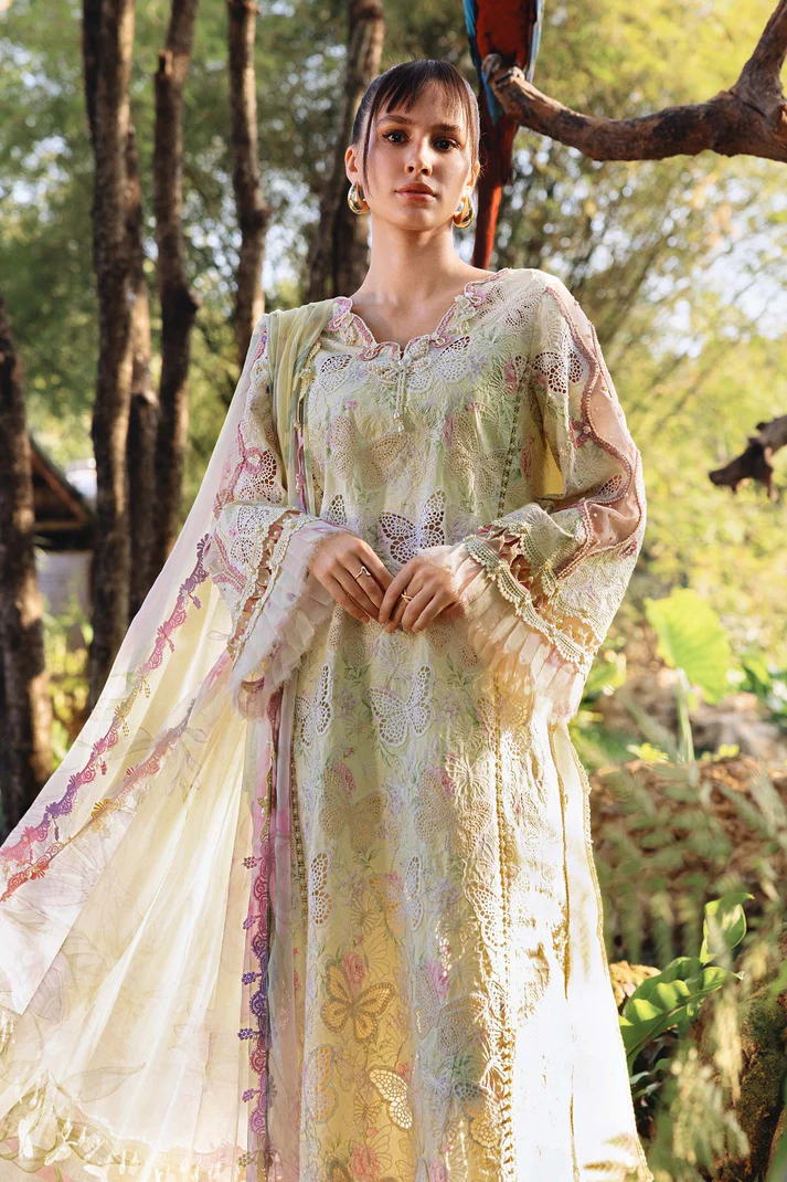 Maria B M Prints unstitched 3 piece summer lawn suit in floral yellow with embroidered front and chiffon dupatta.
