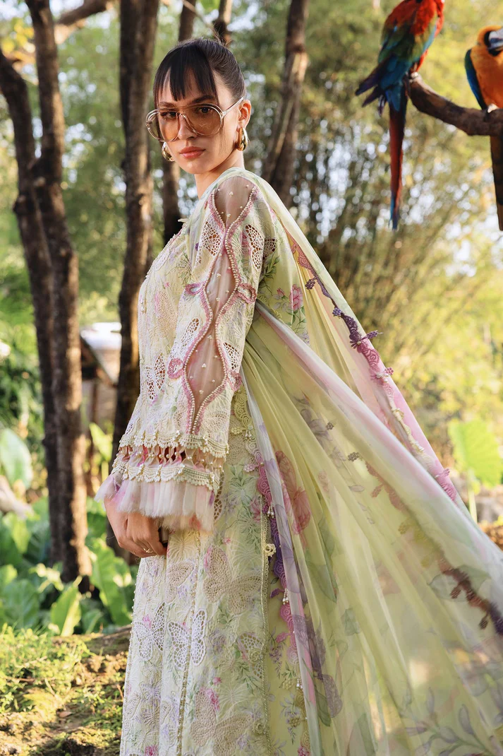 Maria B M Prints unstitched 3 piece summer lawn suit in floral yellow with embroidered front and chiffon dupatta.