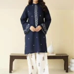 Close-up of Blue embroidered lawn shirt with white threadwork and matching trousers.