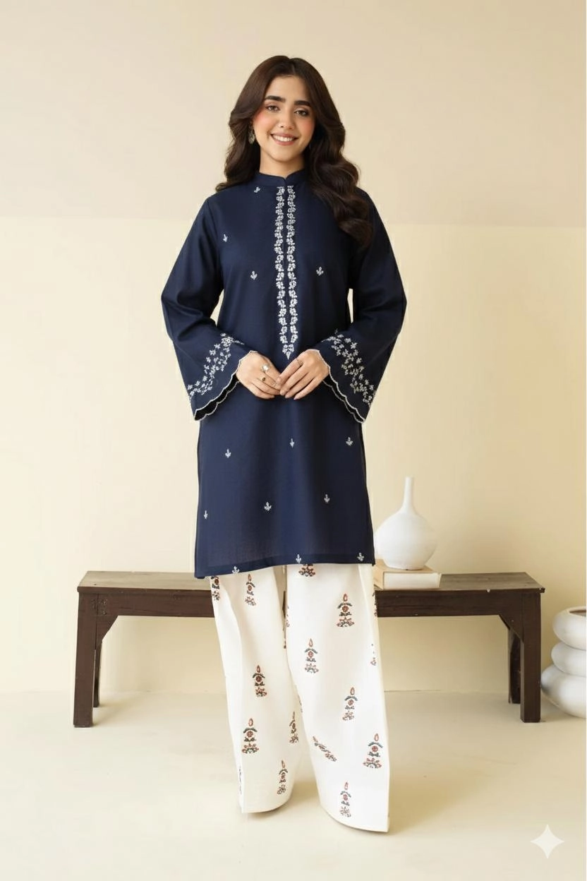 Close-up of Blue embroidered lawn shirt with white threadwork and matching trousers.