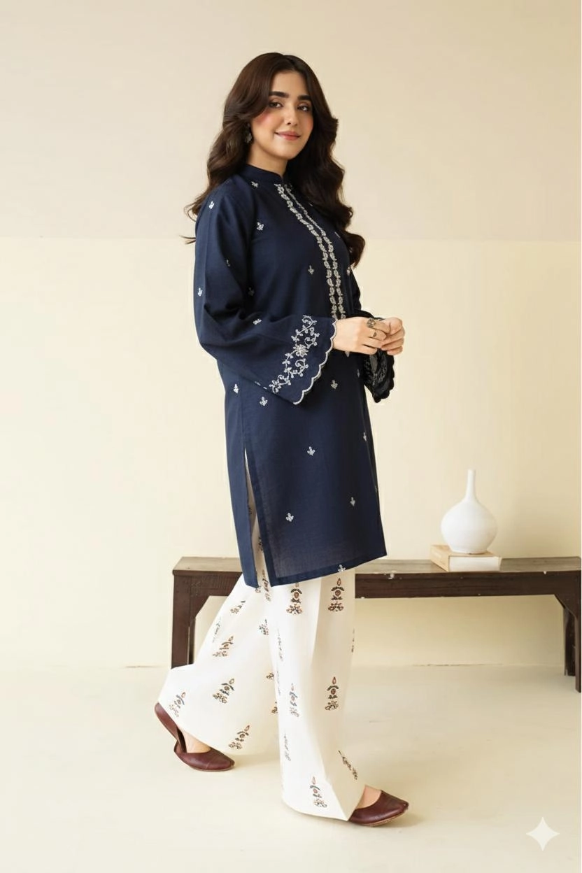Close-up of Blue embroidered lawn shirt with white threadwork and matching trousers.