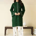 Close-up of Green embroidered lawn shirt with white threadwork and matching trousers.