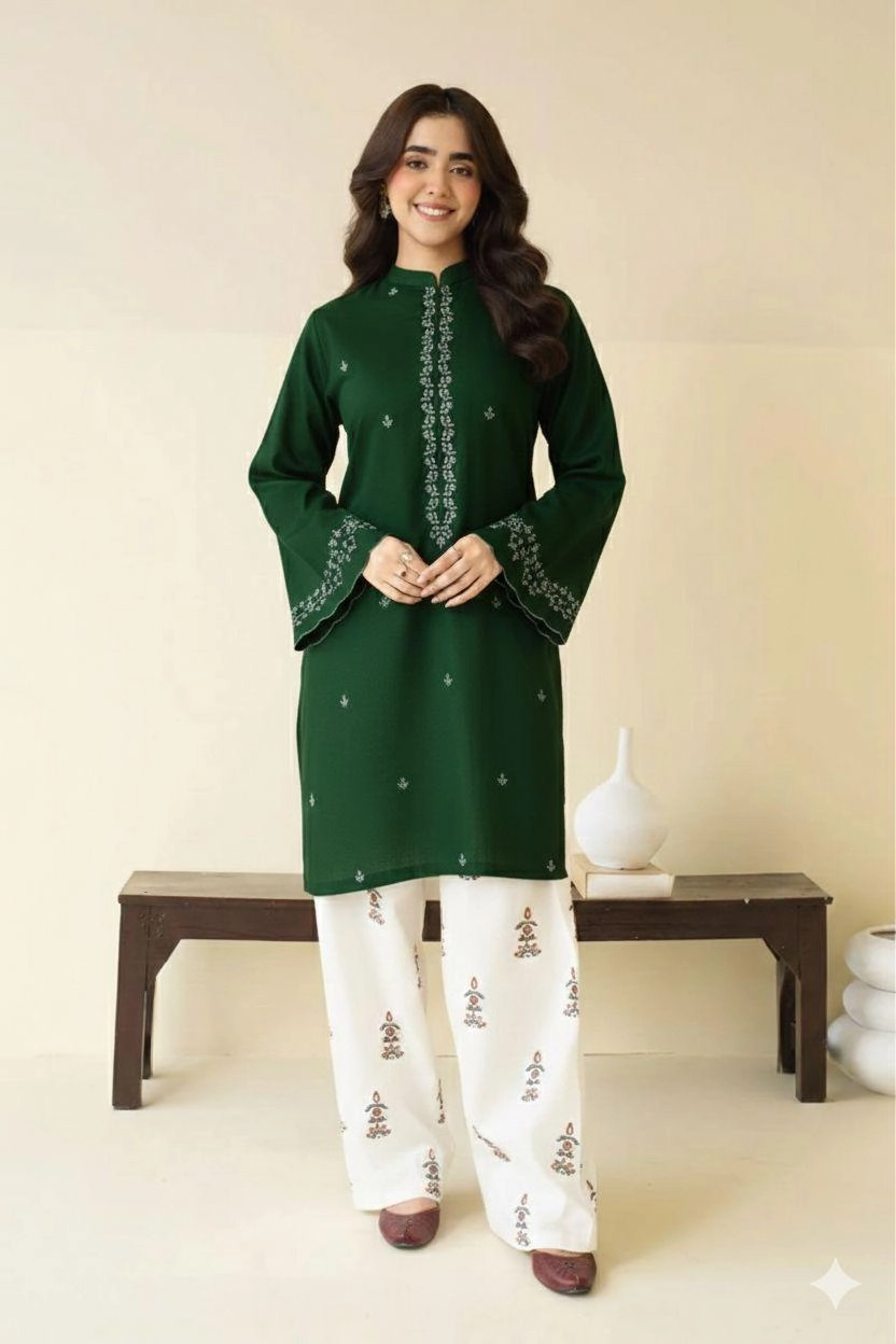 Close-up of Green embroidered lawn shirt with white threadwork and matching trousers.