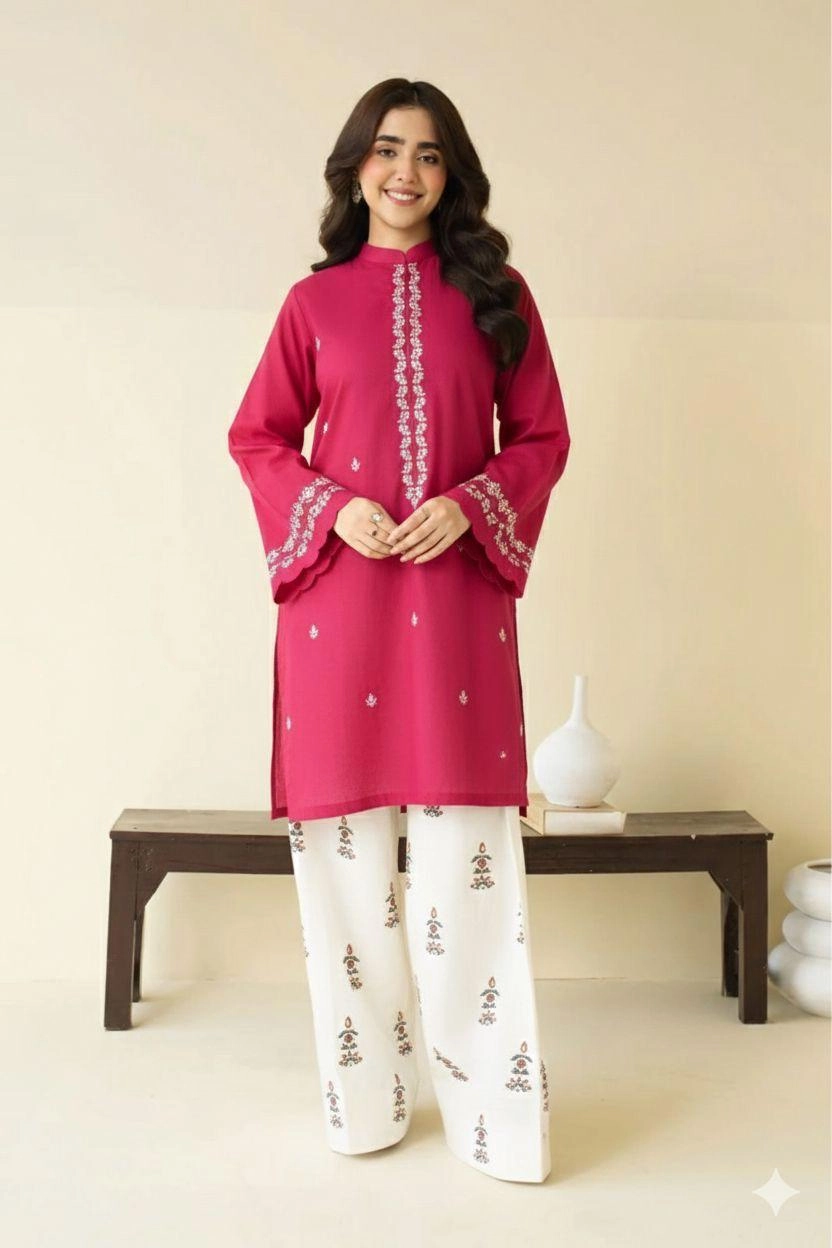 Close-up of Magenta embroidered lawn shirt with white threadwork and matching trousers.