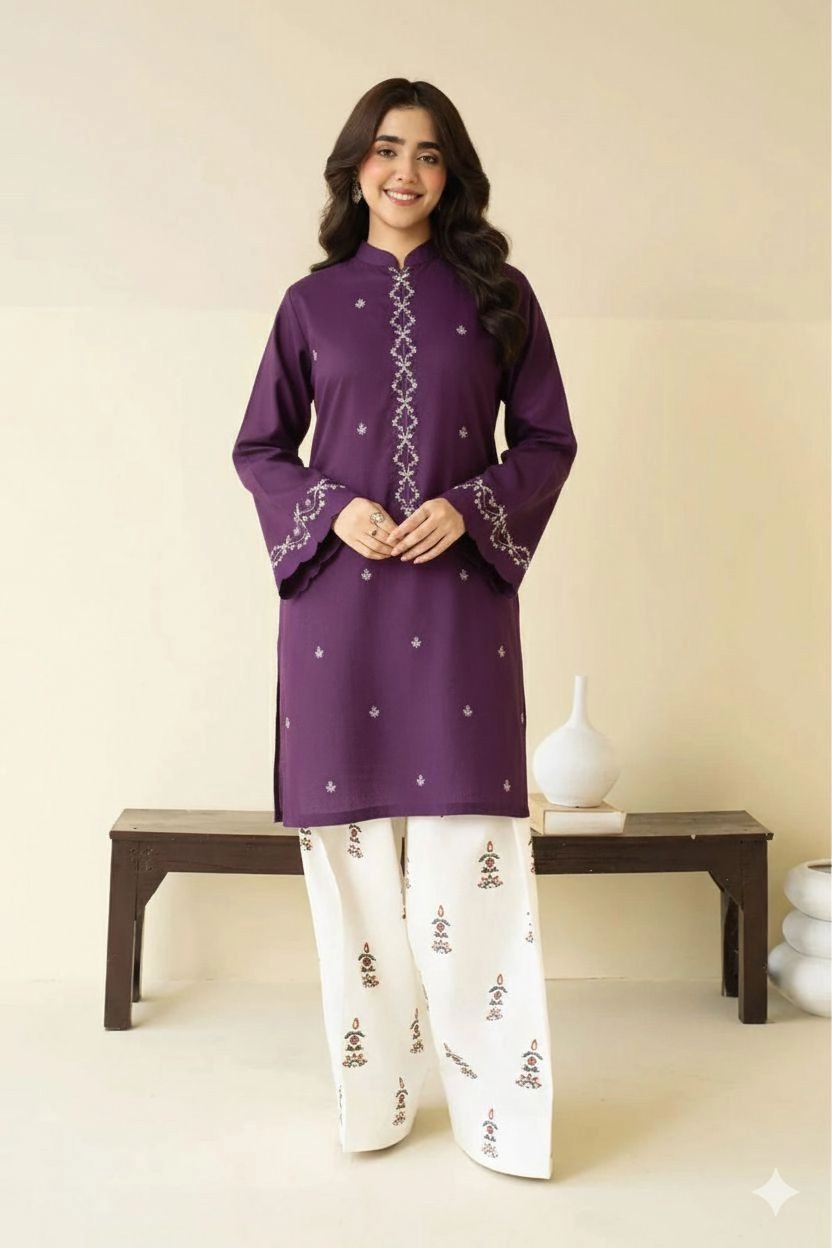 Close-up of Deep Plum embroidered lawn shirt with white threadwork and matching trousers.