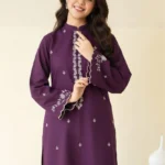 Close-up of Deep Plum embroidered lawn shirt with white threadwork and matching trousers.